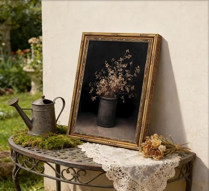 Vintage Gold Framed Wall Art Fall Dried Flowers Antique Vase Country Oil - Image 6