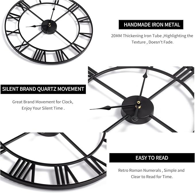 LEIKE Large Wall Clock, Non Ticking, Battery-Operated, Rustic Round Modern - Image 3