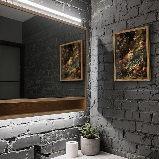Framed Dark Academia Fox Canvas Wall Art, Sitting Fox Surrounded by Flowers - Image 4