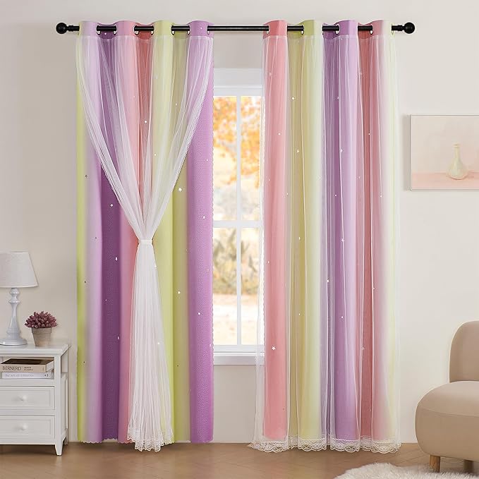 XiDi Curtains for Bedroom Decor, Rainbow Pink PurpleYellow52/90/1 by Addsomecolortolife