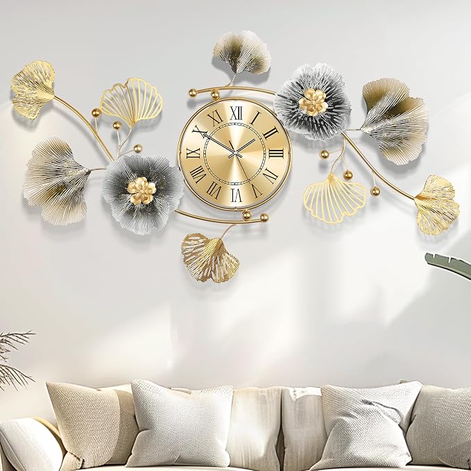 Wall Clocks for Living Room Decor, Large Wall Clock, 3D Creative Metal Ginkgo by Axioglo