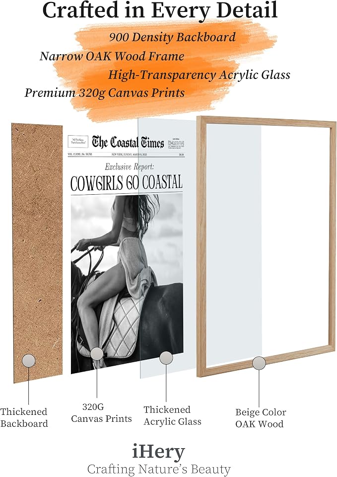 iHery Cowgirls Go Coastal Small Framed NewsPaper Canvas Wall Art, Natural OAK - Image 4