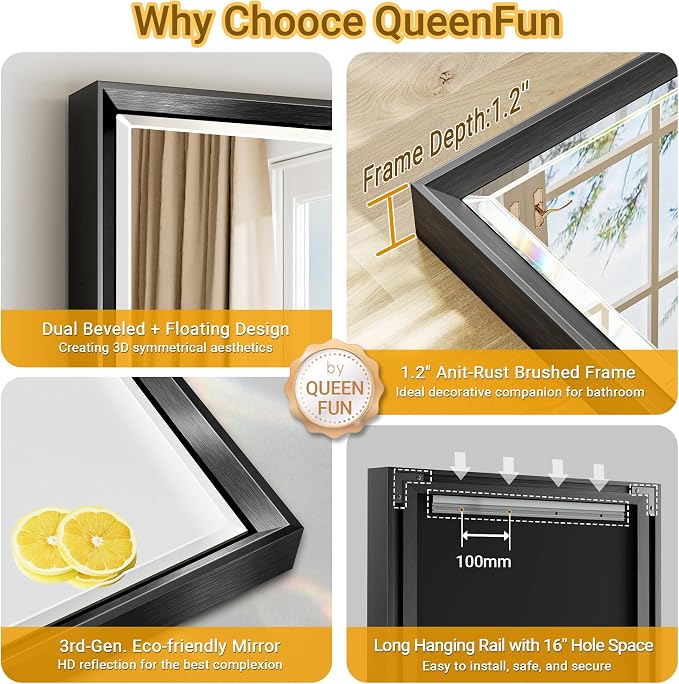 Black Framed Mirror for Bathroom, 24x36 Inch Black Rectangle Beveled Bathroom - Image 7