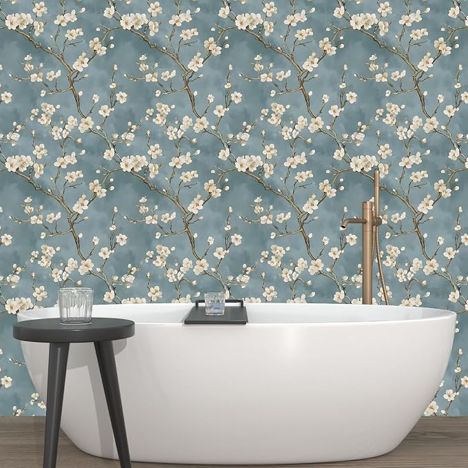 Vintage Floral Wallpaper Peel and Stick Blue White Flowers Contact Paper Vinyl - Image 8