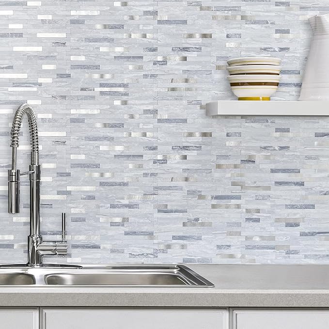 AULIGET Faux Stone Peel and Stick Backsplash, Light Grey Marble Look PVC Mixed - Image 4