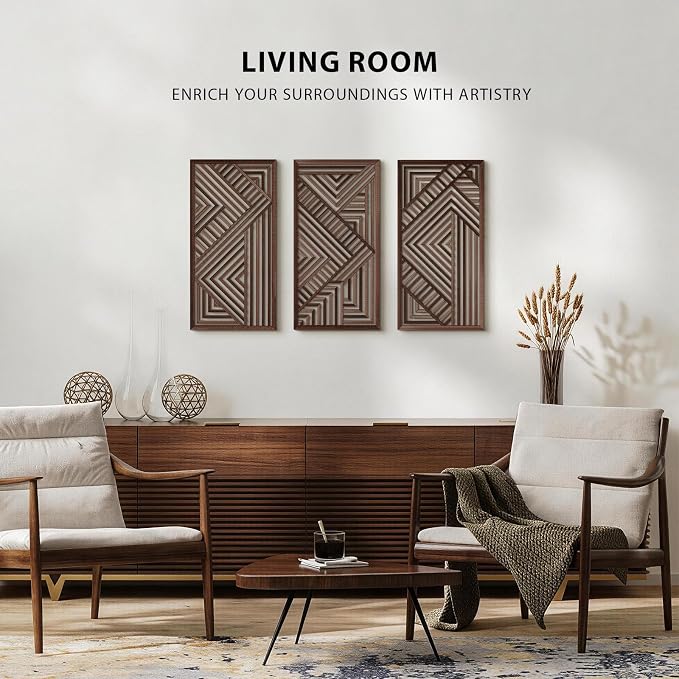 VIYYIEA Boho Solid Wood Carved Wall Art Set of 3, Geometric Minimalist Wooden - Image 5