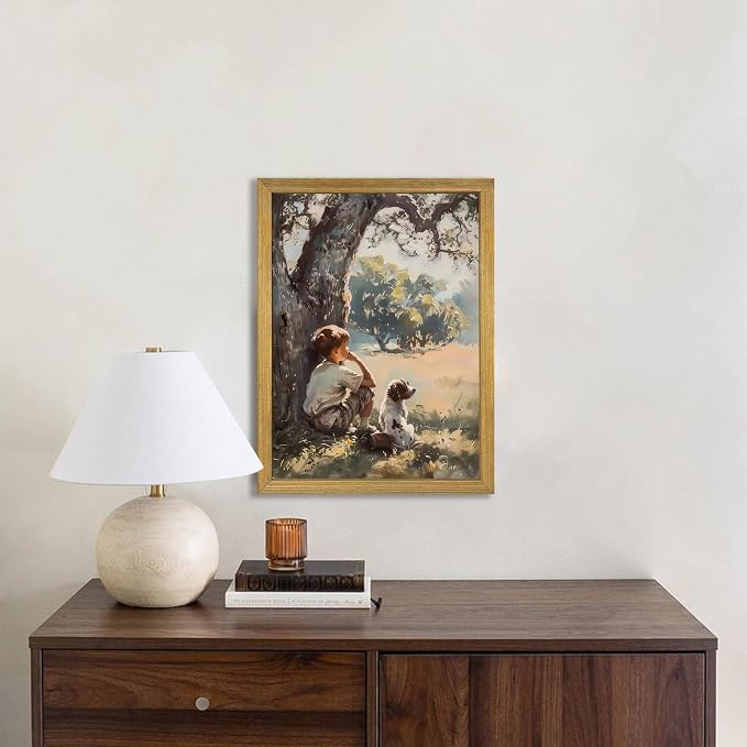 Wood Framed Canvas Wall Art, Vintage Boy and Dog Painting Poster, Countryside - Image 9