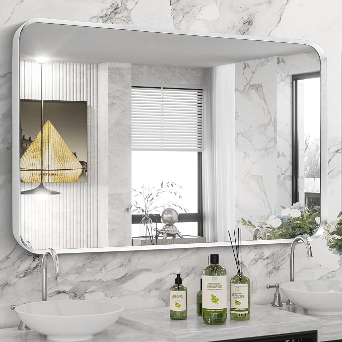 Brushed Nickel Bathroom Wall Mirror, Tempered Glass, Shatter Proof, Hangs - Image 3