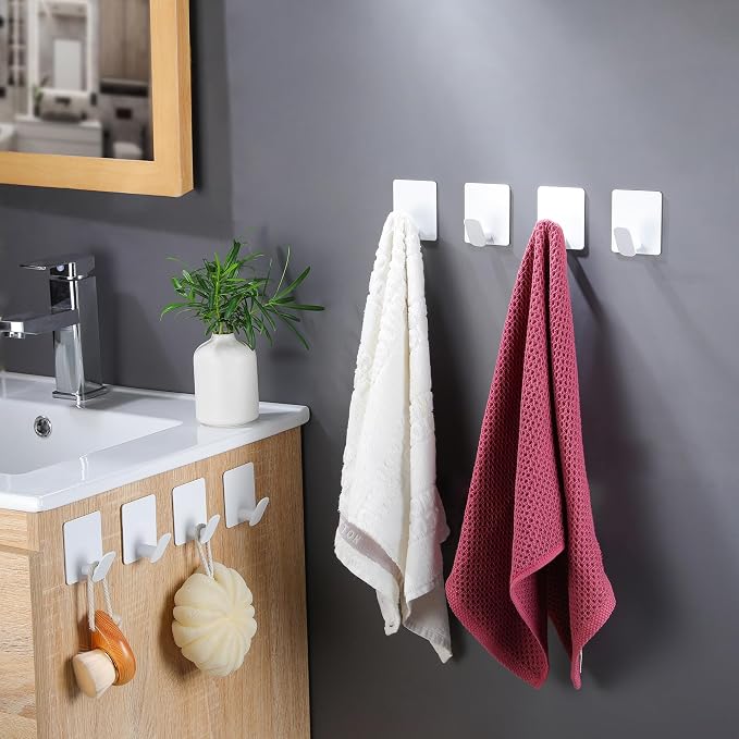 DELITON Adhesive Hooks for Hanging, 8 Pack White Wall/Towel Hooks for Bedroom - Image 2