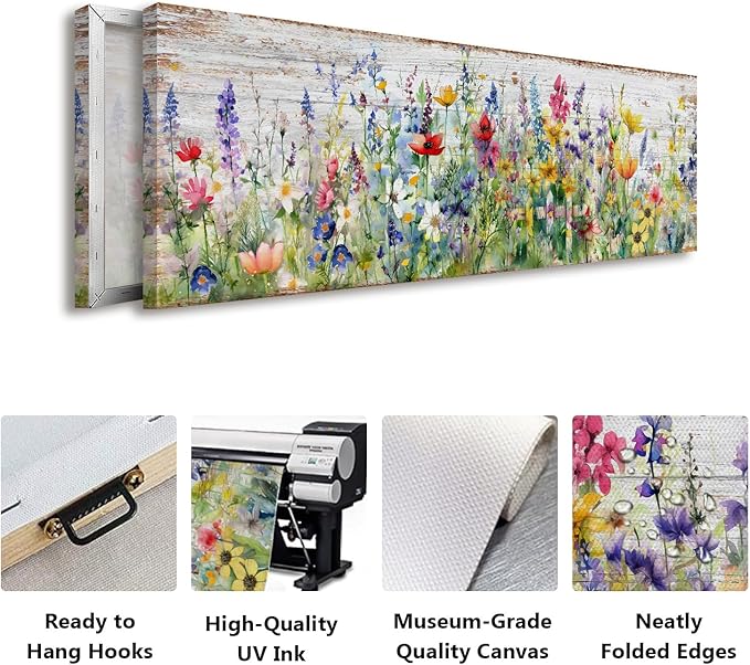 Rustic Wildflower Wall Art Colorful Farmhouse Floral Scenery Picture Decor - Image 5