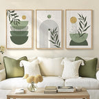 Framed Sage Green Boho Wall Art Bedroom, 3 Piece Bohemian Botanical Paintings by Cuspin