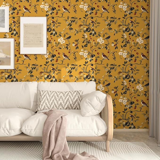 Laatse Vintage Bird Wallpaper 17.5"x118" Yellow Chinoiserie Floral Wallpaper - Image 8