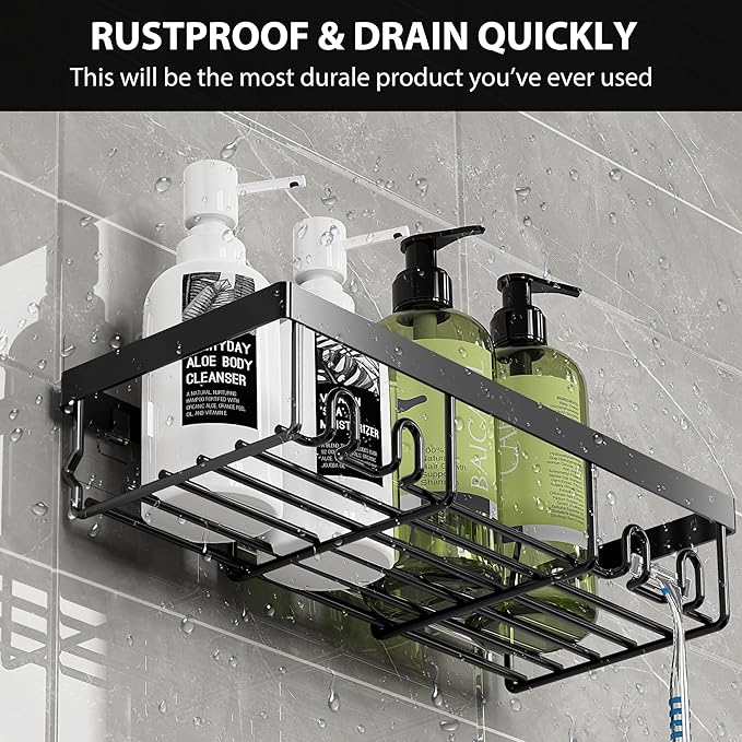 Moforoco Shower Caddy Shelf Organizer Rack, Self Adhesive Black Bathroom - Image 4
