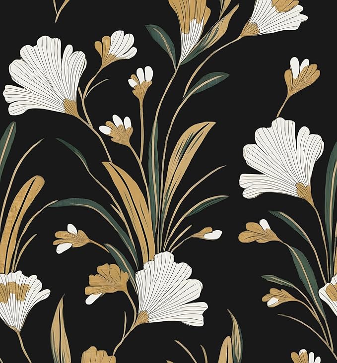 Laatse Black Gold Peel and Stick Wallpaper White Floral Contact Paper 17.5in x by Laatse