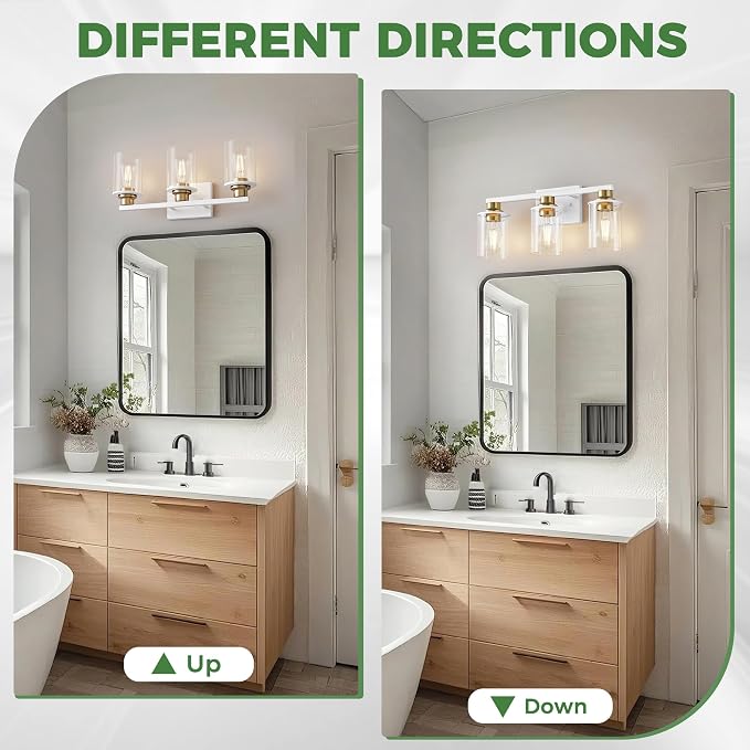 DORESshop 17 Inch Bathroom Light Fixtures, 3-Light White and Gold Bathroom - Image 7