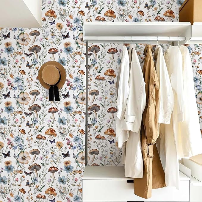 Froluya Mushroom Wallpaper Peel and Stick Vintage Floral Contact Paper 16.9" x - Image 3