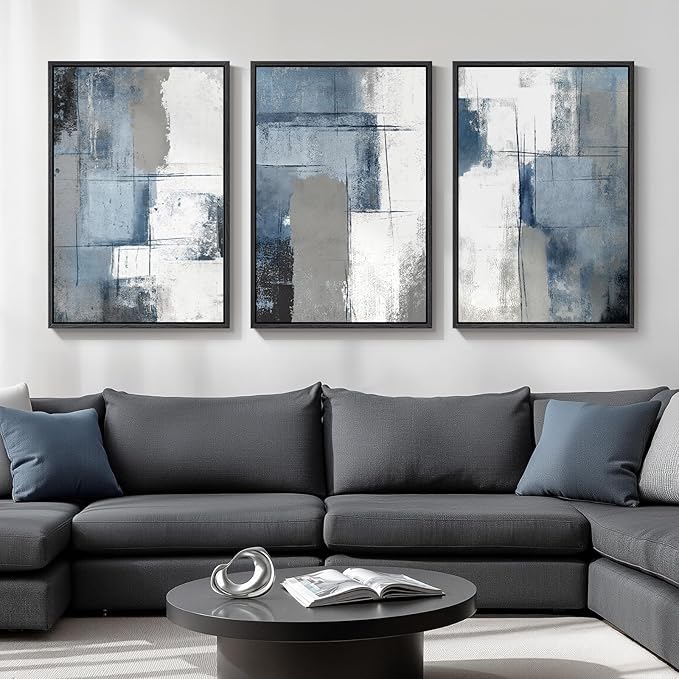 Large Framed Blue and Grey Abstract Wall Art, 3 Piece Modern Canvas Prints by Cuspin