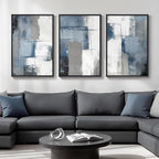 Large Framed Blue and Grey Abstract Wall Art, 3 Piece Modern Canvas Prints by Cuspin