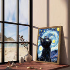 Framed Black Cat Wall Art, Van Gogh Starry Night Canvas Wall Decor, Cute Cat - Image 2
