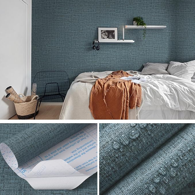 Guvana Grasscloth Peel and Stick Wallpaper Blue Textured Contact Paper Modern - Image 4