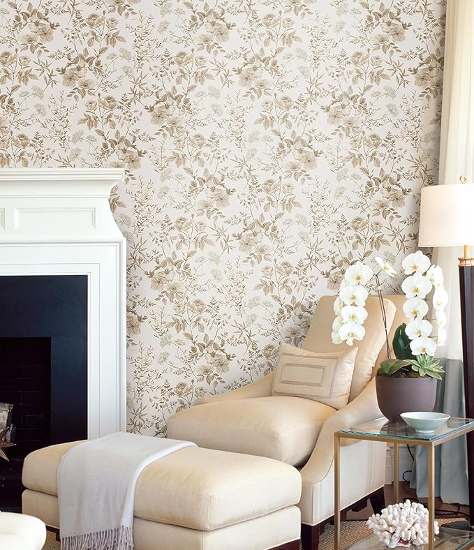 Erfoni 16.9" x394" Beige Floral Peel and Stick Wallpaper Boho Floral Leaf - Image 2
