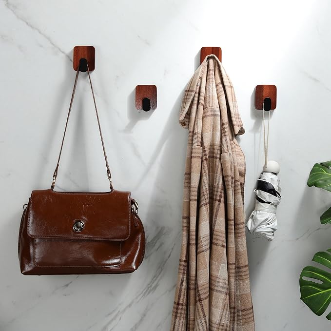 DELITON Acacia Wooden Towel Hooks Red Brown, 4 Pack Sticky Hooks - Image 6