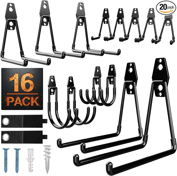 Pack 16 Garage Hooks Heavy Duty | Multi-Sized Wall-Mounted Tool Hangers by Unknown
