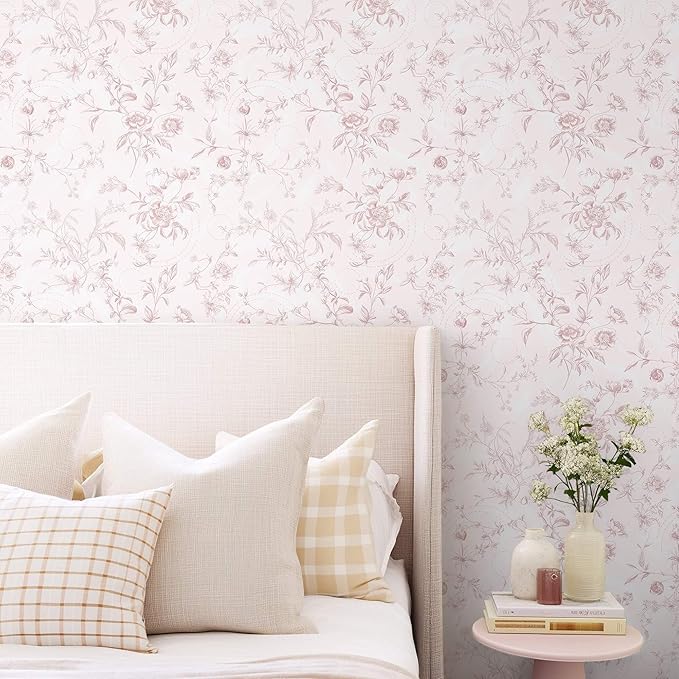 Ismoon Peel and Stick Wallpaper Floral Pink Stick on Wall Paper Vintage French - Image 2