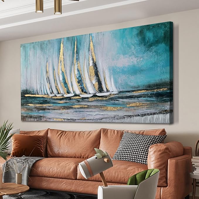 Anolyfi Blue Abstract Canvas Wall Art Teal Ocean Sailboat Picture Modern by Anolyfi