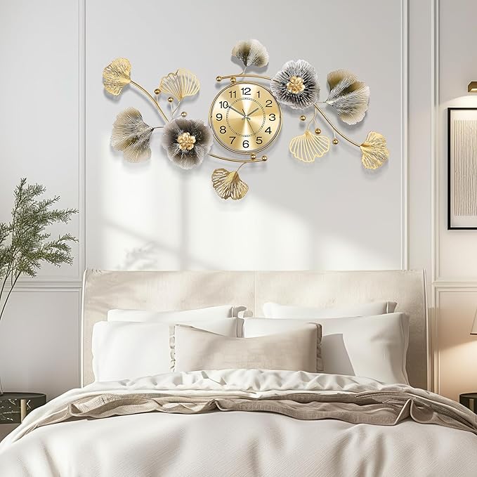 Wall Clocks for Living Room Decor, Large Wall Clock, 3D Creative Metal Ginkgo - Image 5