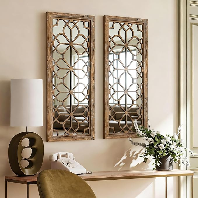 Set of 2 13x30 Inch Large Redbrown Shatterproof Carved Floral Wood Frame Wall - Image 3
