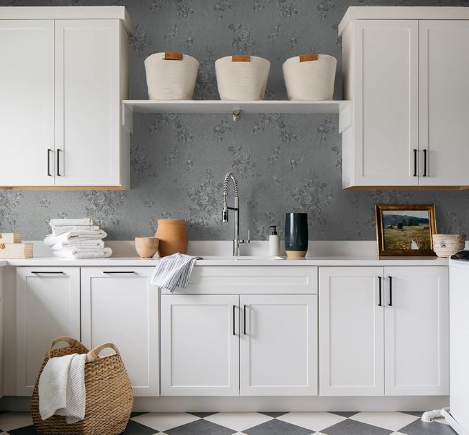 Erfoni 394"x17.7" Grey Floral Embossed Wallpaper - Image 8