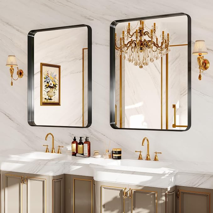Bathroom Mirror for Wall, 30x22 Inch Rectangle Mirror, Matte Black Metal Framed - Image 8