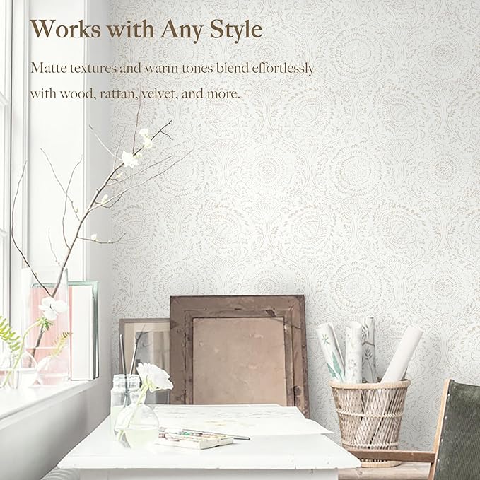 Heroad Boho Peel and Stick Wallpaper Modern Floral Wall Paper Neutral Beige - Image 5