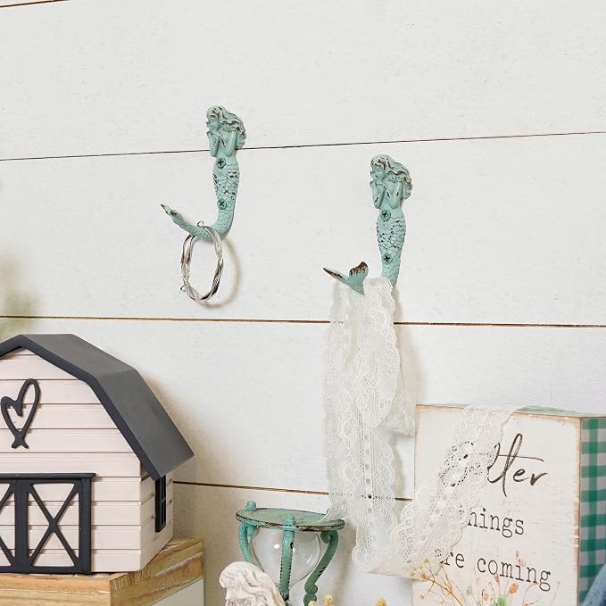 SOFFEE DESIGN 4pcs Mermaid Shape Metal Wall Coat Hooks, Beach Decoration Wall - Image 2