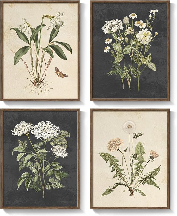 Framed Botanical Wall Art for Living Room, 4 Piece Rustic Floral Canvas - Image 9