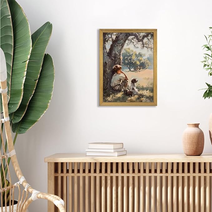Wood Framed Canvas Wall Art, Vintage Boy and Dog Painting Poster, Countryside - Image 6