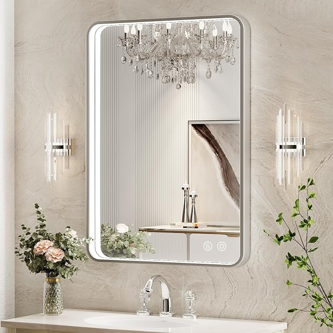 LED Bathroom Mirror with Lights, 24x32 Inch Brushed Silver Framed Lighted by FTOTI