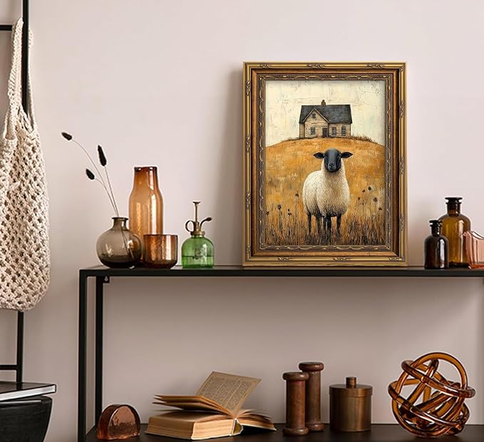 Vintage Gold Framed Wall Art Retro Country Sheep Oil Painting Canvas Prints - Image 9