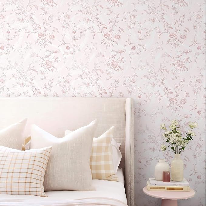 Ismoon Floral Wallpaper Peel and Stick Pink Stick on Wall Paper Vintage French - Image 2
