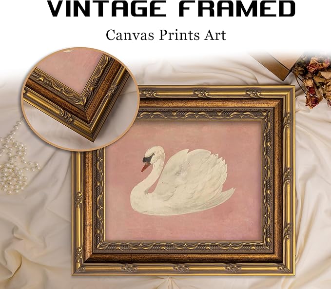 Vintage Gold Framed Wall Art Retro White Swan Cottagecore Canvas Print Neutral - Image 4