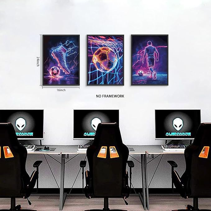 BGFCE Cool Soccer Gaming Wall Art Posters Set of 3, Neon Video Gamer Canvas - Image 3