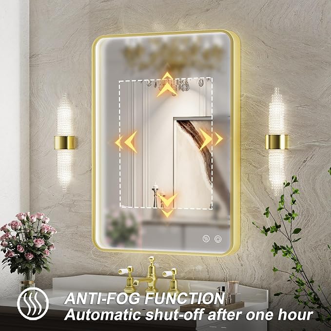 20X28 Inch Framed LED Lighted Bathroom Mirror, Wall Mounted Gold Metal Vanity - Image 4