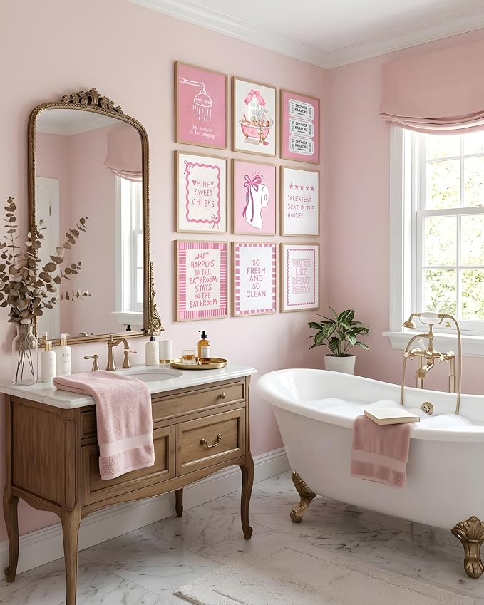 tgguytiy 9Pcs Pink Bow Bathroom Wall Art Prints, Coquette Bowknot Aesthetic - Image 2