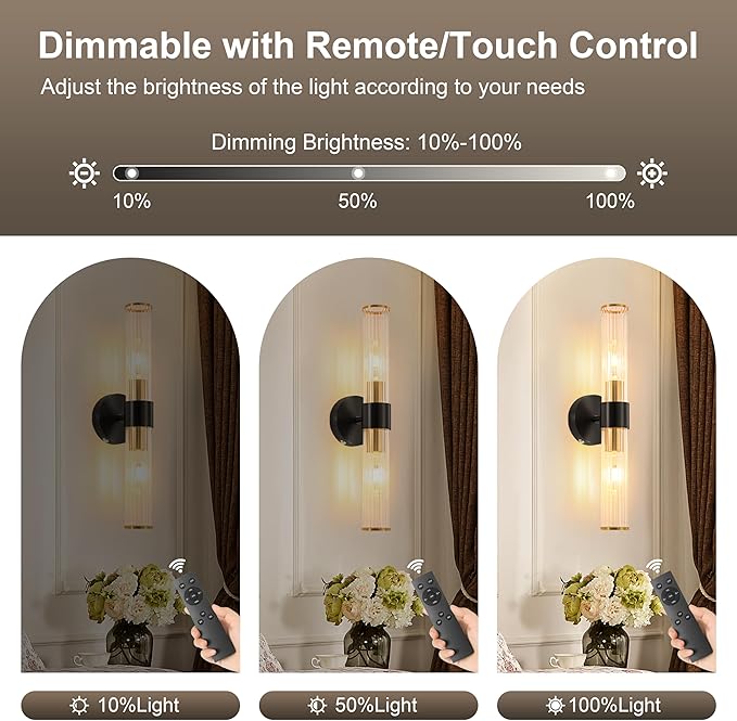 Black Gold Battery Operated Wall Sconces Set of 2, Rechargeable Wall Lights - Image 2