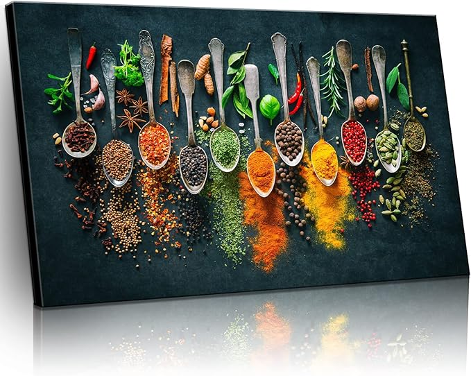 Framed Large Kitchen Wall art Pictures Decor Couful Spice in Spoon Vintage by NCYEL