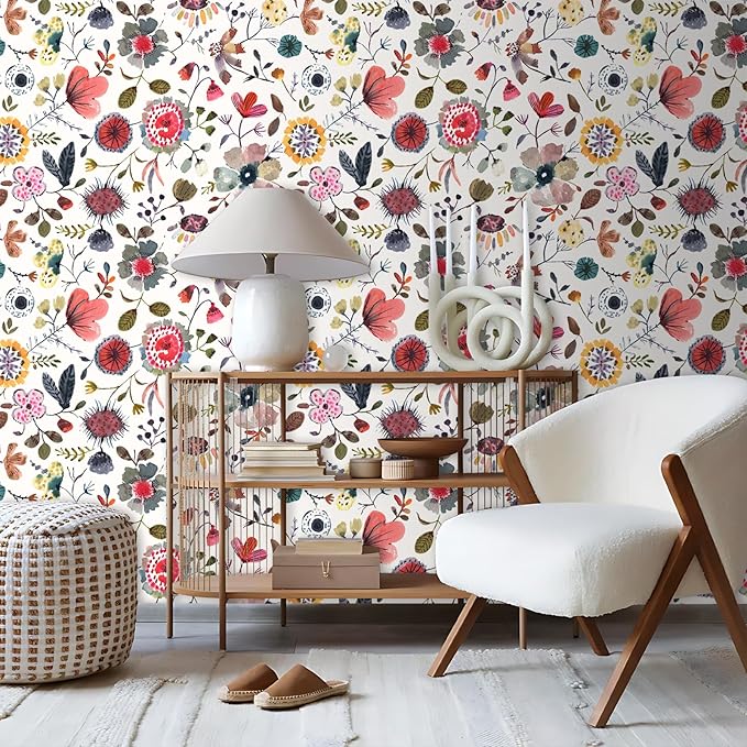 Wallpaper Peel and Stick Floral Wall Paper Removable Waterproof White/Green/Red - Image 2