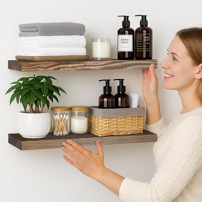 BGMG Wood Floating Shelves for Wall 24 inch Set of 2, Rustic Wooden Wall Mount - Image 2
