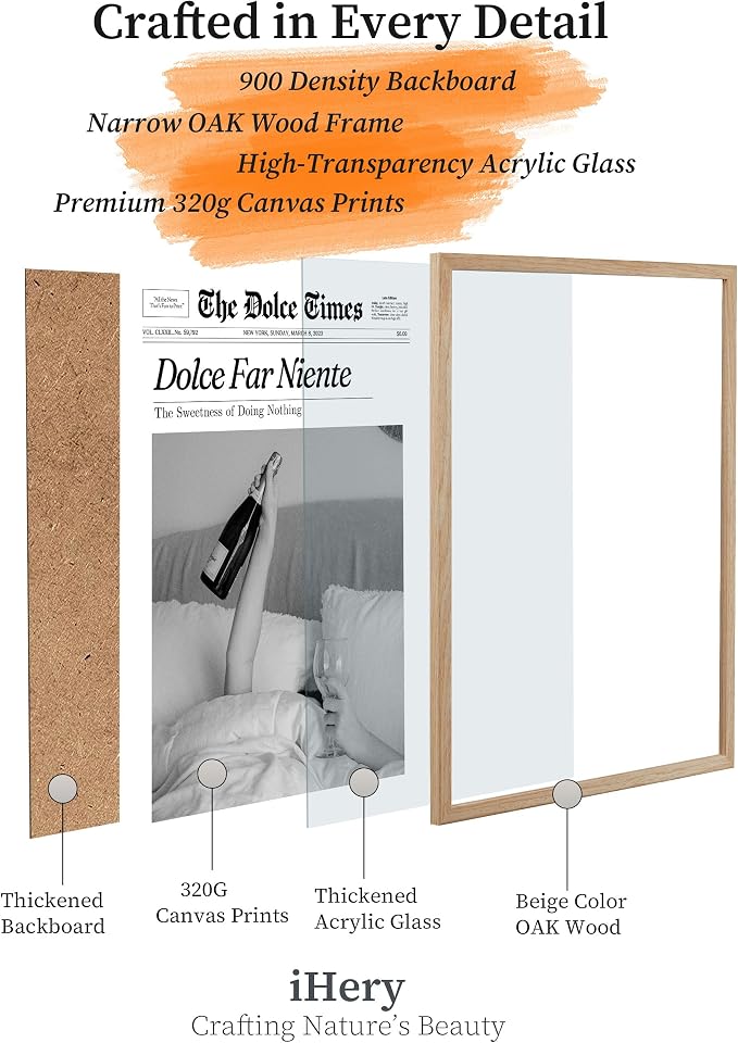 iHery Small Dolce Far Niente Framed Trendy NewsPaper Wall Art, Natural OAK Wood - Image 4
