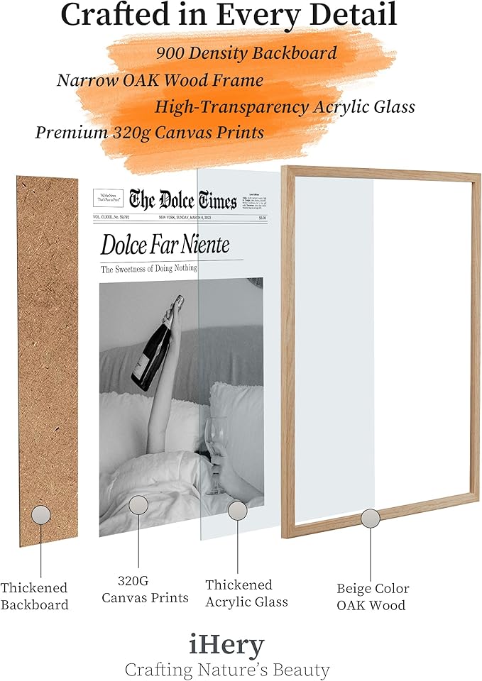 iHery Dolce Far Niente Framed Trendy NewsPaper Wall Art, Natural OAK Wood Large - Image 3